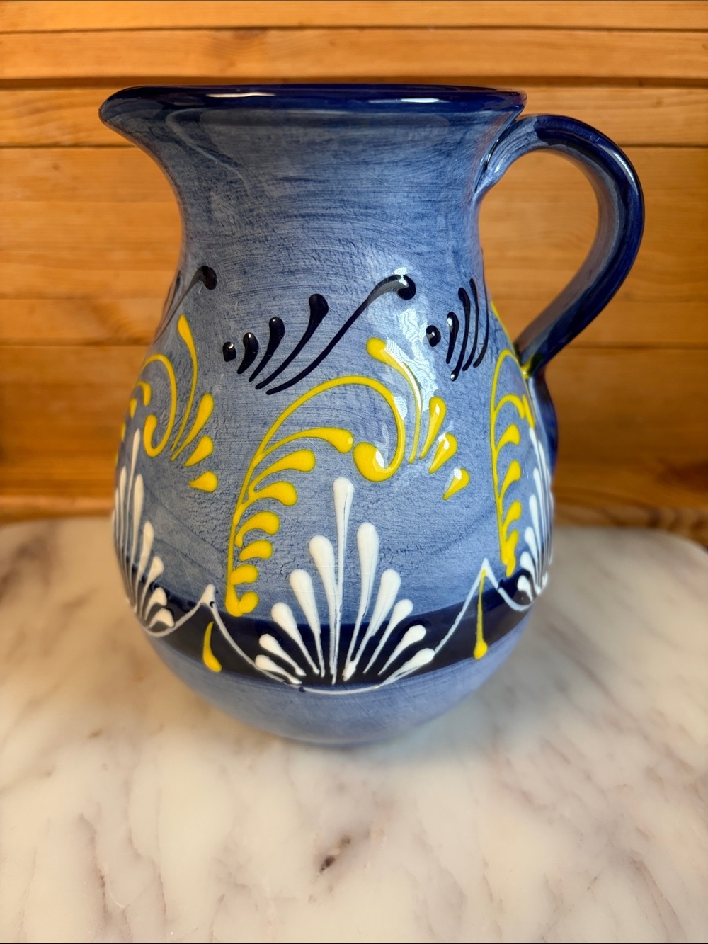Handcrafted InSpain Blue Ceramic Pitcher with Yellow & White Motif
